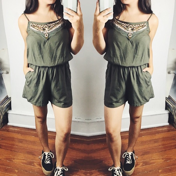 Dynamite Pants - 5/$15 Olive Green Romper with Beaded Top